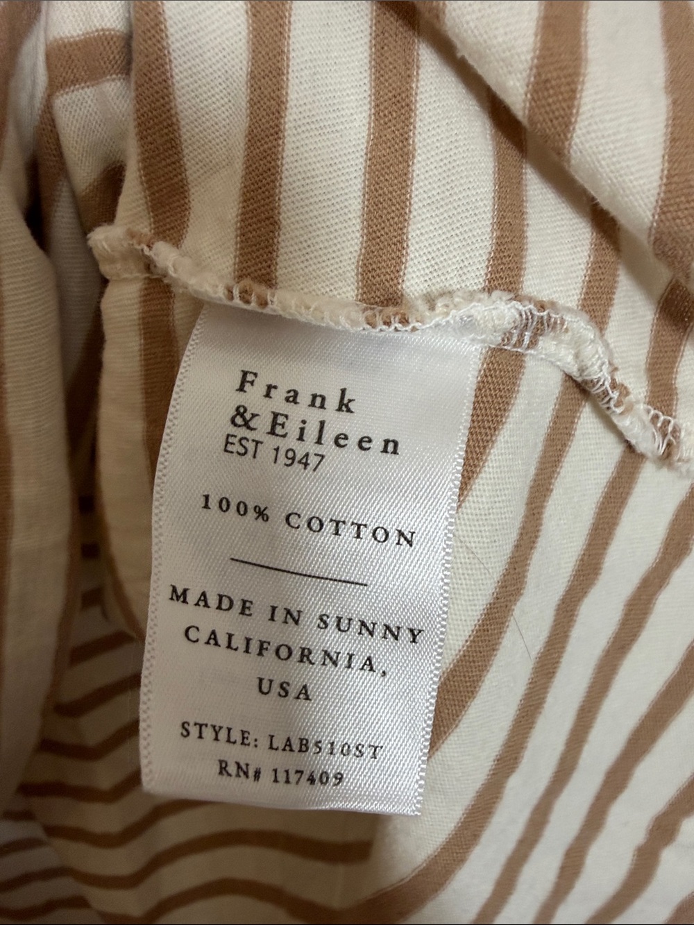 Frank & Eileen Patrick Popover Henley Vintage White and Camel Stripe Size L - Picture 9 of 9